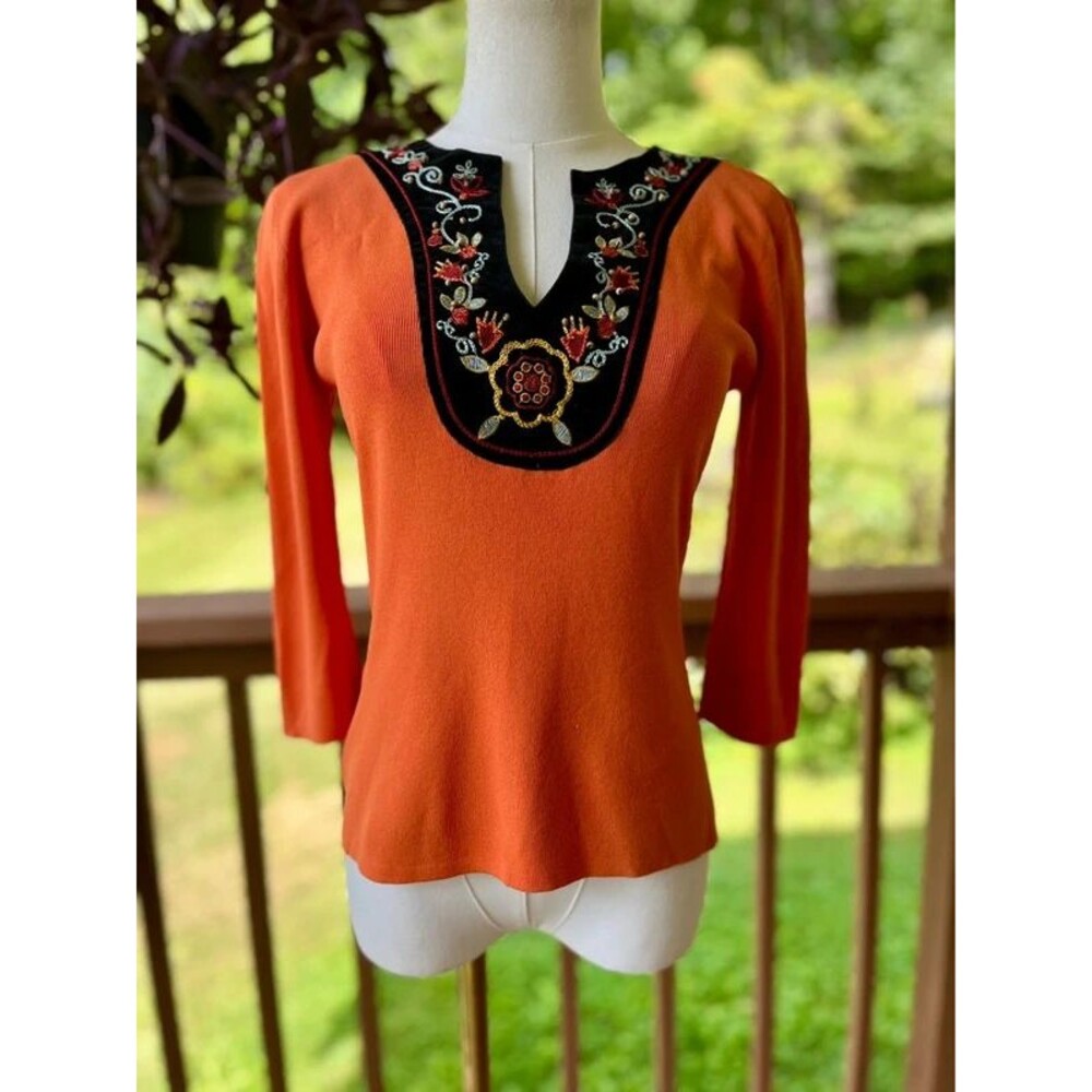Vintage Joseph A. Burnt Orange Embroidered Velvet Trim Sweater M